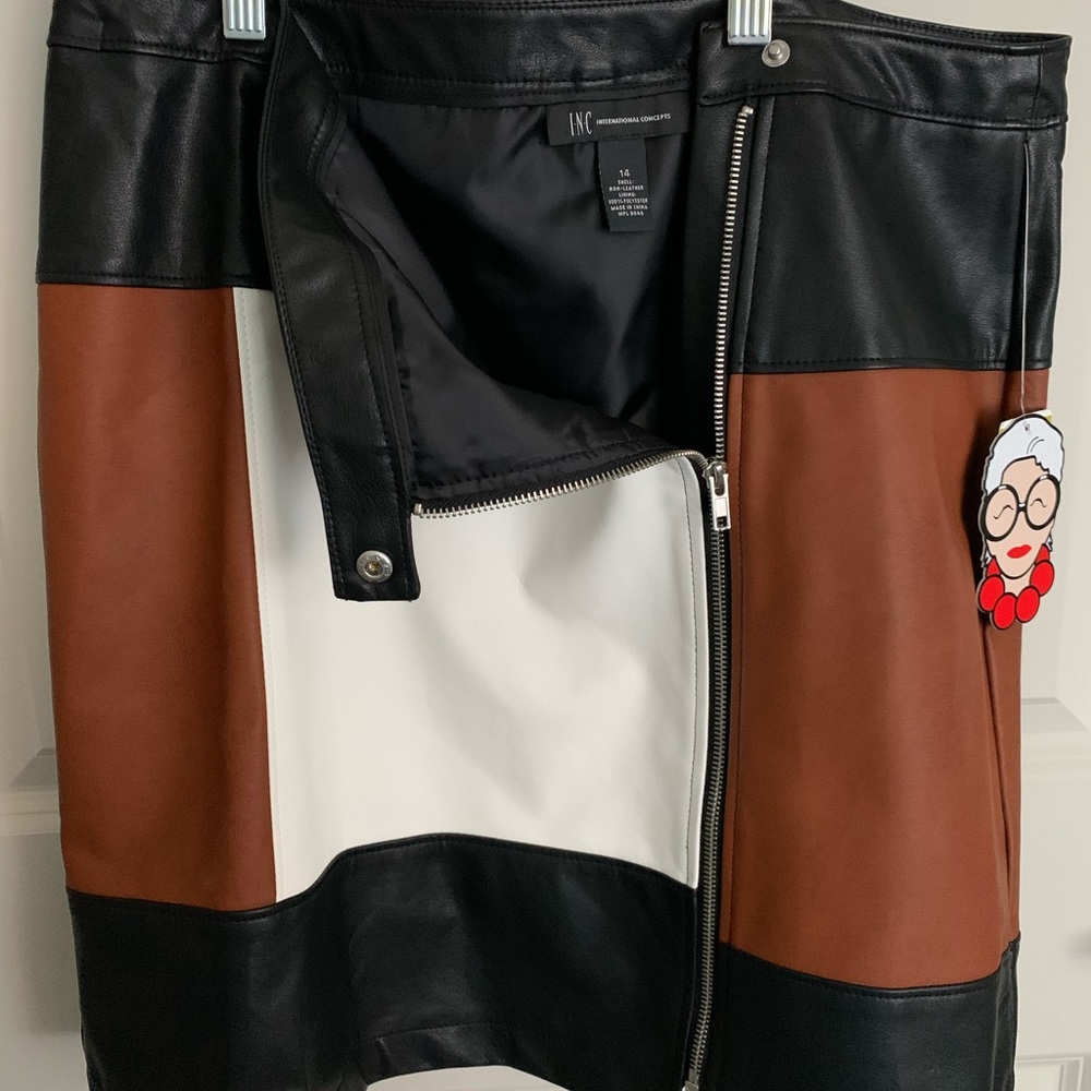 INC International Concepts Colorblock Faux Leather Skirt in Black, White, Brown - Picture 5 of 11